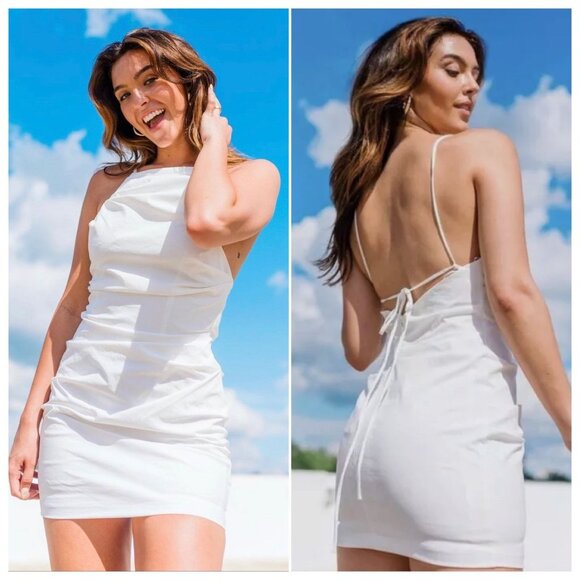 Amanda Uprichard Ruched Open Back Halter Dress Mini Ivory White Cocktail Medium - Picture 2 of 16